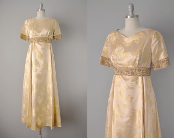 1960s Brocade Dress / 1960s Gold Silk Brocade Evening Gown w/ Heavy Beadwork / Size Small