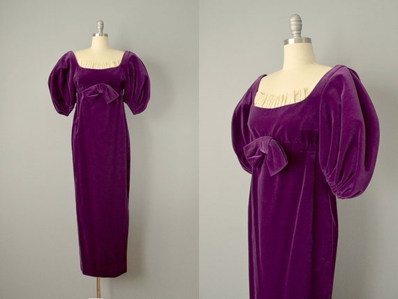1960s Plum Velvet Regency Sleeved Dress / Purple … - image 1