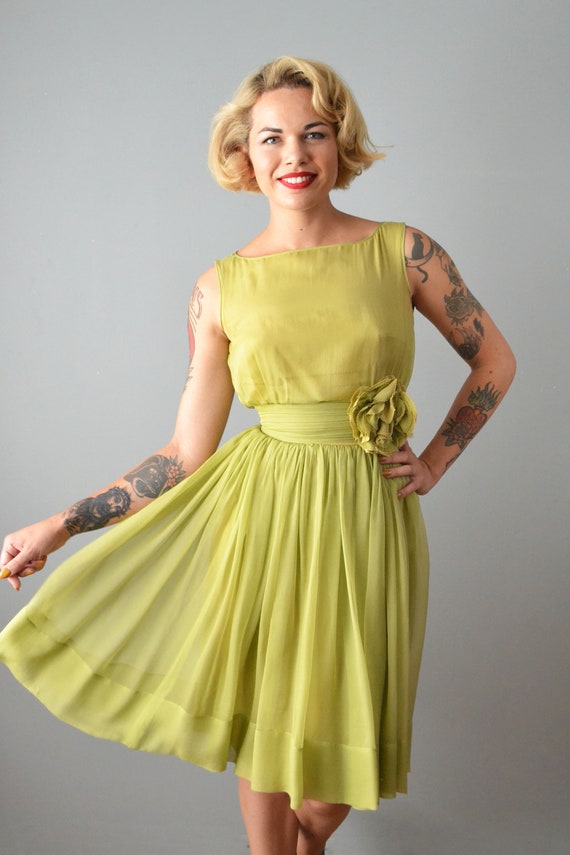 1950s Suzy Perette Party Dress / Green Silk Chiff… - image 2