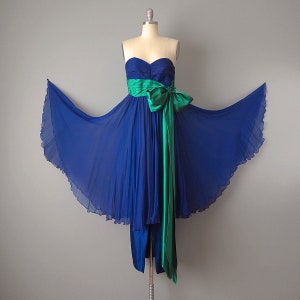 Bergdorf Goodman Designer Couture / 1950s Dress and Cape / 1957 Royal Blue and Emerald Silk Gown and Matching Cape / Size Small image 5