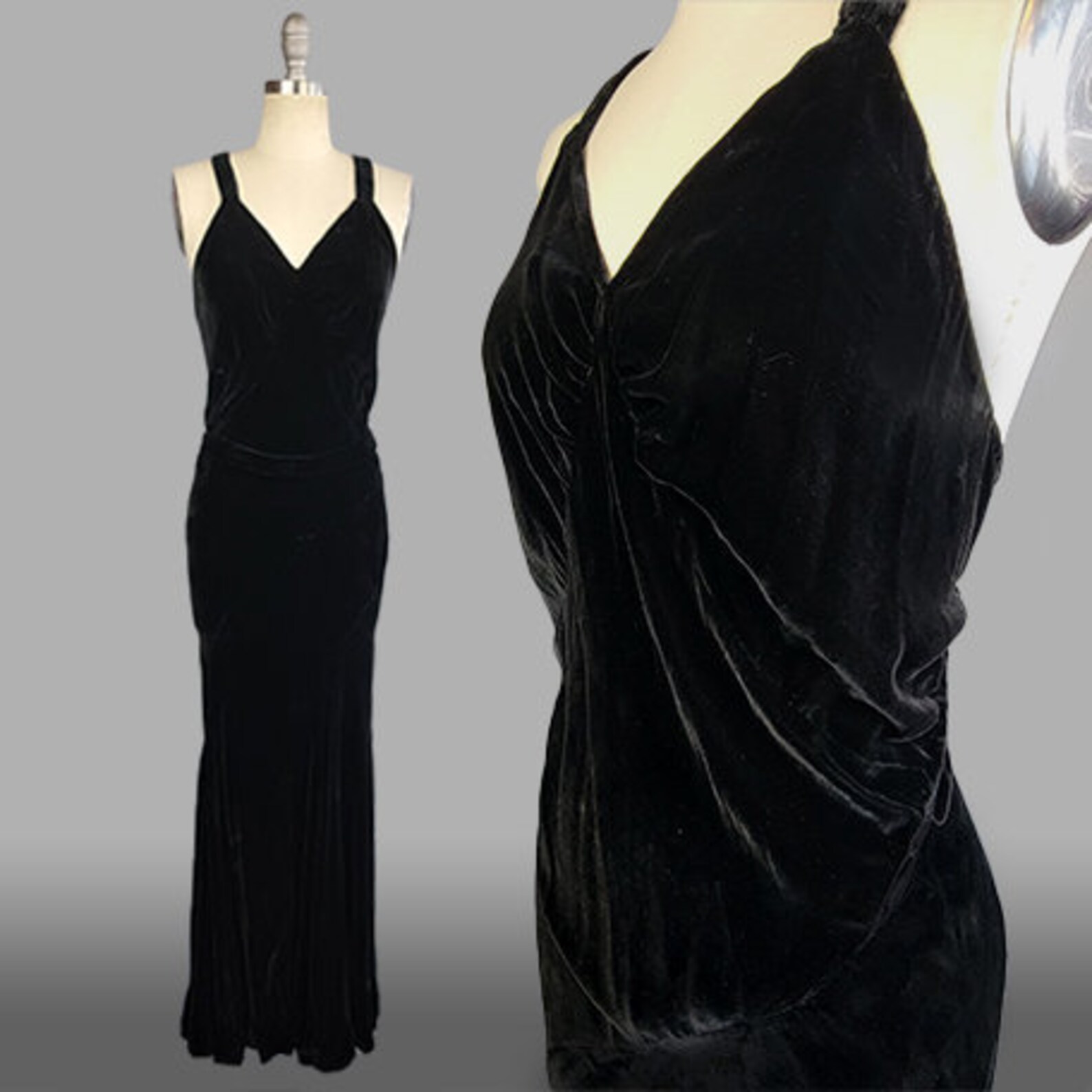 1930s Silk Velvet Gown / 1930s Black Silk Velvet Strappy Bias Cut Gown ...