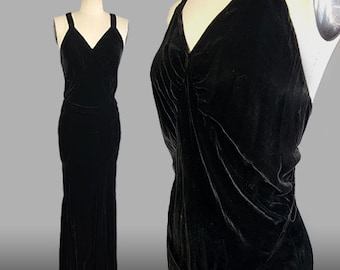 Vestido de terciopelo de seda de los años 30 / Vestido negro de terciopelo de seda con tirantes y corte al bies de los años 30 / Vestido de terciopelo de seda / Vestido de terciopelo negro / Talla mediana Talla grande