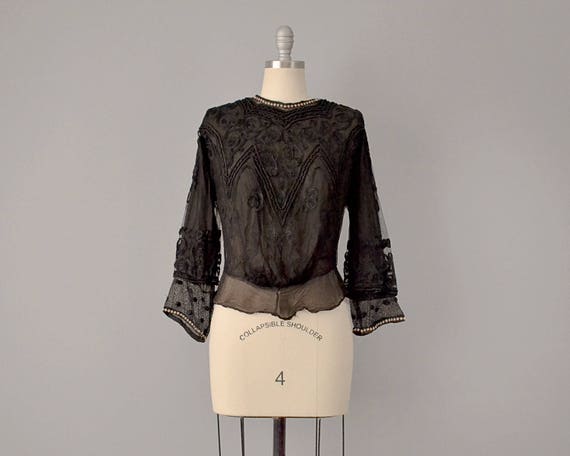1800s Blouse // Victorian Black Silk Lace Embroide