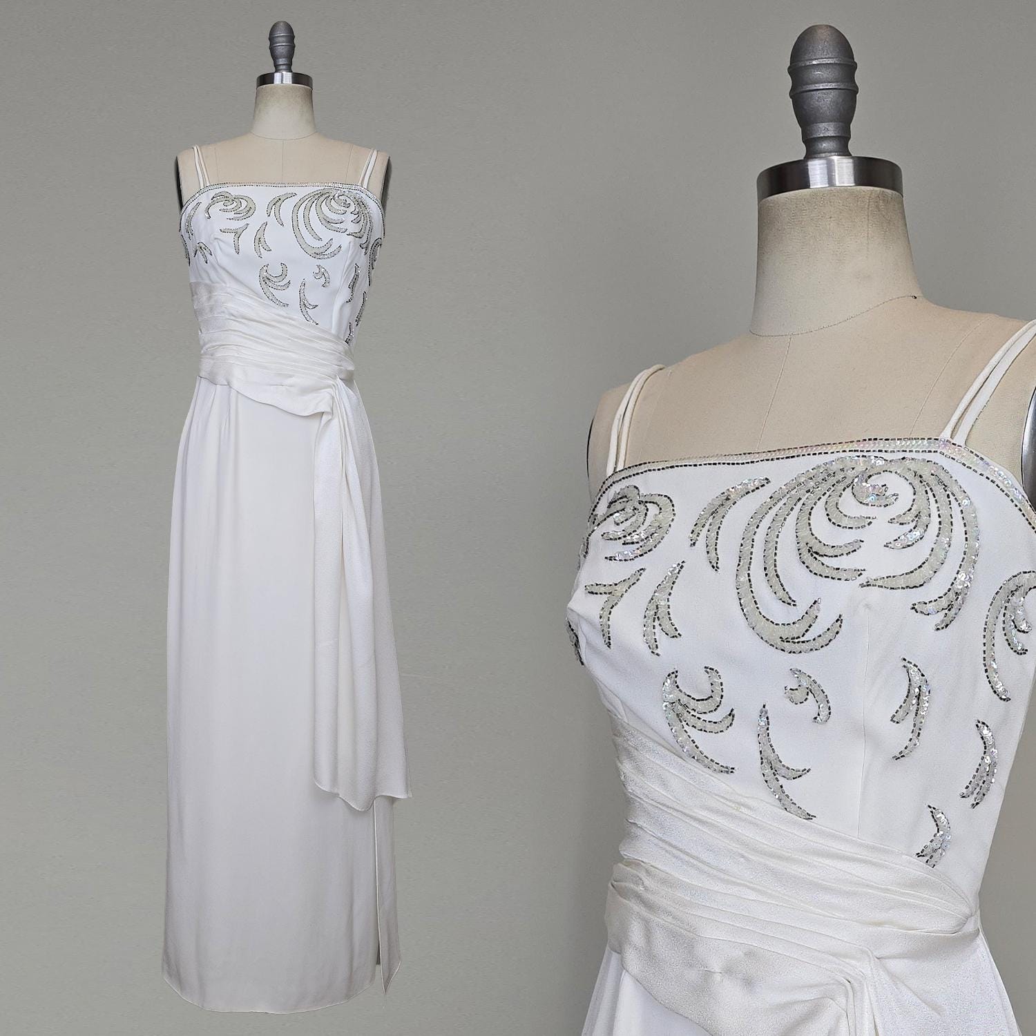 1960s Gown / White Gown / Sequined White Gown / White Evening Dress / Alternative Bridal Gown / Size Small