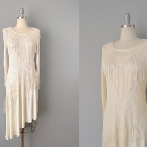 1970s Fringed Dress / Asymmetrical Ivory Slip Dress with Fringed Top / Casual Wedding Dress /  1970s Disco Dress / Size Small