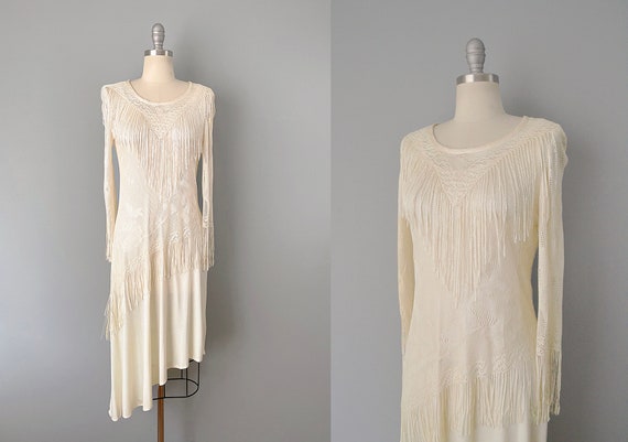 1970s Fringed Dress / Asymmetrical Ivory Slip Dre… - image 1