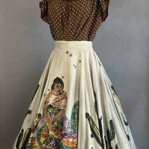 1950s Circle Skirt / 50s Sequin Mexican Circle Skirt w/ Woman, Flowers, & Cacti / Size Medium image 3