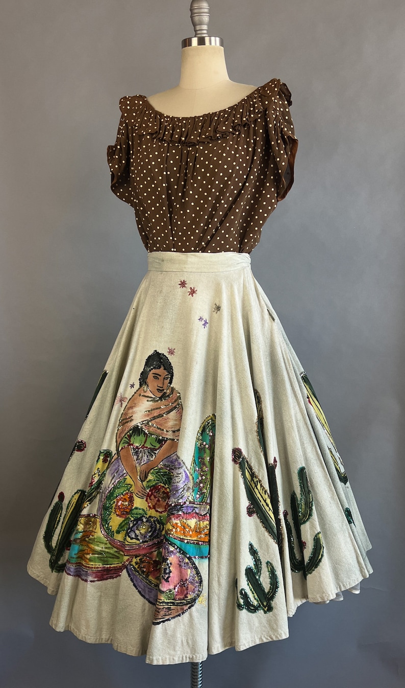 1950s Circle Skirt / 50s Sequin Mexican Circle Skirt w/ Woman, Flowers, & Cacti / Size Medium image 3