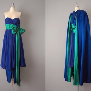 Bergdorf Goodman Designer Couture / 1950s Dress and Cape / 1957 Royal Blue and Emerald Silk Gown and Matching Cape / Size Small image 1