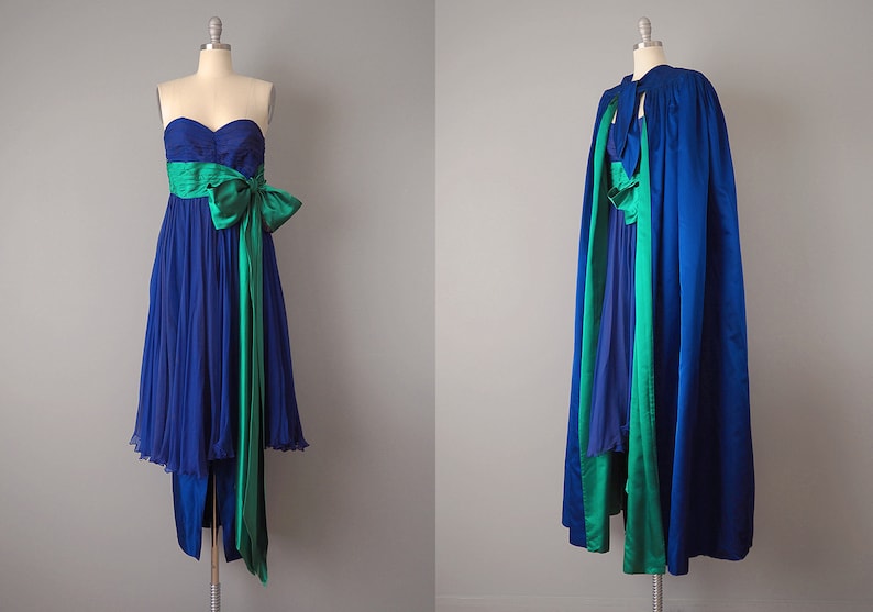 Bergdorf Goodman Designer Couture / 1950s Dress and Cape / 1957 Royal Blue and Emerald Silk Gown and Matching Cape / Size Small image 1