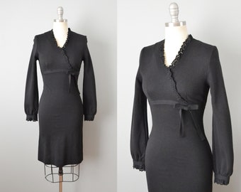 1960s Johnathan Logan Dress / Wool Knit Dress / Little Black Dress / Size Extra Small Small