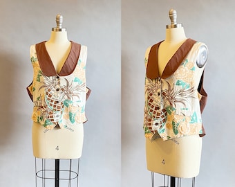 Vintage Barkcloth Vest / Pineapple Print Vest / 1980s Unisex Vest With Tropical Design / Vintage Waistcoat / Size Large Size XL