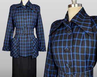 1940s Suit / Blue Plaid Suit / Dramatic 1940s Suit / Statement Pockets / Statement Collar / Size Small Medium