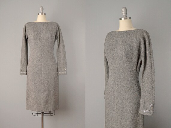1960’s Mr. Mort Grey Tweed Dress w/ Rhinestone Cuf