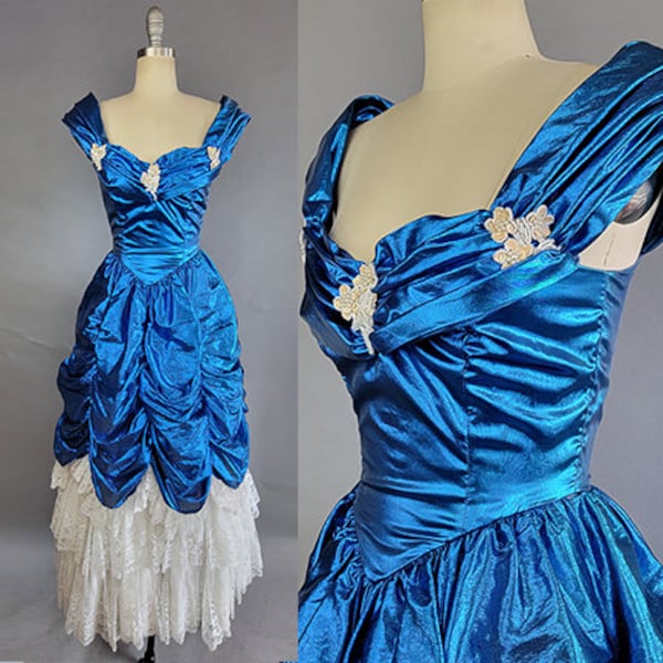 1980s Ball Gown / Victorian Style Dress / 1980s Blue Lamé and White Lace Gown / Size X-Small, Extra Small