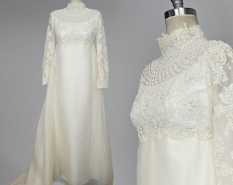 Vestido de novia de los años 60 / Cola Watteau / Vestido de novia de encaje blanco / Vestido de novia / Vestido de novia / Talla mediana