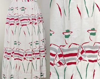 1950s Skirt / Novelty Print Skirt / French Sailors / Cotton Skirt / Size Small