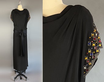 1930s Jeweled Gown / Rare Size XL / 1930s Black Silk Crepe Gown With Gem Tone Jewels on Sleeves / Rare Vintage Size Extra Large