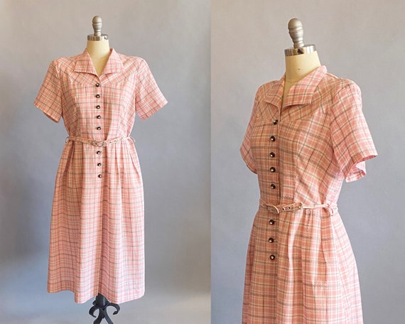 1950s XL-Plus Pink Plaid Day Dress / Cotton Dress