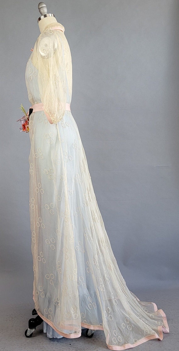 1930s Organdy Dress / 1930s Ivory Organdy Gown Over Blue 1930s Organdy Dress / 1930s Ivory Organdy Gown Over Blue