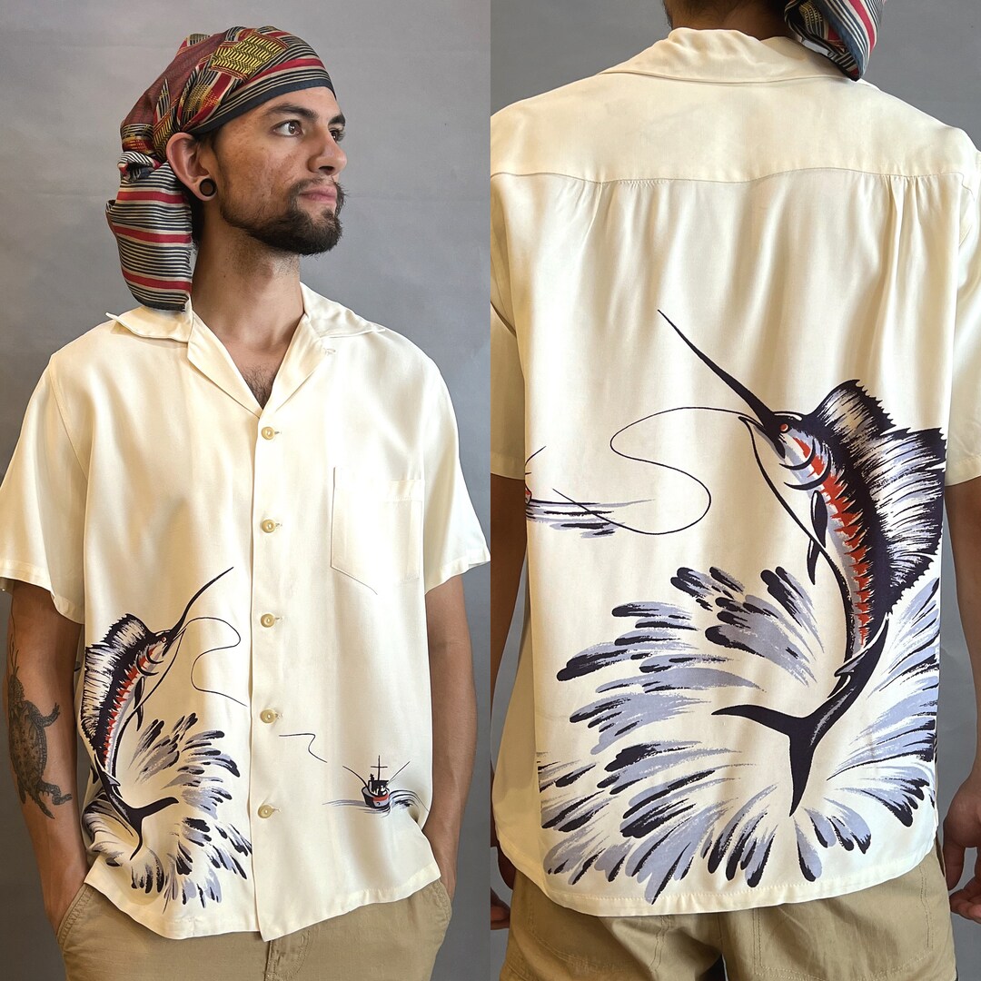 トップス 1940s California Hawaiian shirt 1940s Catalina Marlin Shirt / Rare Catalina Marlin Shirt /hand