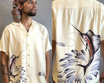 1940er Jahre Catalina Marlin Shirt / seltenes Catalina Marlin Shirt / handbedrucktes Rückenteil Shirt / 1940er Jahre Rayon Hawaiihemd / Größe Medium Large