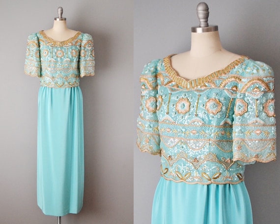 1980s Richilene Gown / Turquoise Dress / Statemen… - image 1