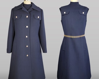 1960s Dress Set / 1960s Shift Dress / Dress With Matching Coat / 1960s Navy Dress and Coat / Size Large