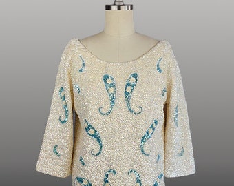 1960s Sequin Top / Irridescent Sequin Encrusted Top with Pearls and Turquoise Paisleys / Dressy Top / Size Medium Large