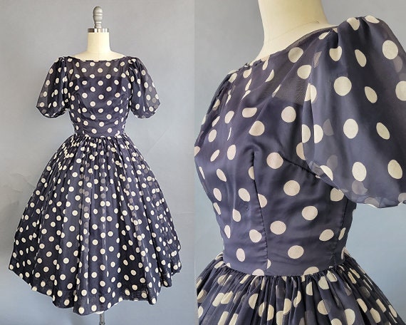 1950s Dress / 1950s Polka Dot Dress / Puff Sleeve… - image 1