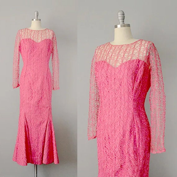 1950’s Mermaid Dress / Grace Poliner Gown / Pink … - image 1