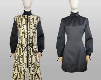 1960s Mod Dress /1960s Mod Schwarzes Minikleid und Weste / Schwarzes Minikleid / Deko-Print / Größe Large