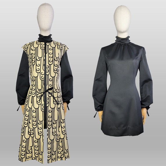 1960s Mod Dress /1960s Mod Black Mini Dress and V… - image 1