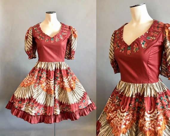 1980s Square Dance Dress / Feather Print / Dancing