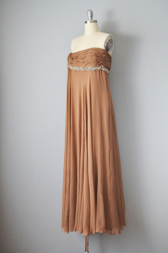 1950s Strapless Dress / Brown Silk Chiffon and Je… - image 4
