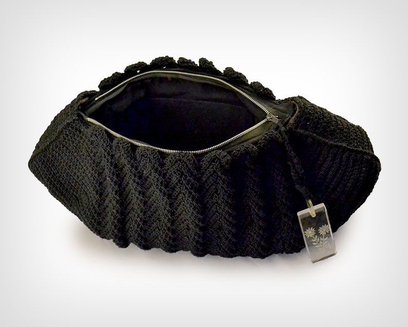 40s Purse 1940\u2019s Black Cord\u00e9 Oversized Clutch with Lucite Pull