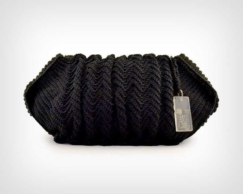 40s Purse 1940\u2019s Black Cord\u00e9 Oversized Clutch with Lucite Pull