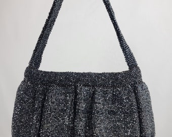 1940s Beaded Purse / Vintage Evening Bag / Black Beaded Purse