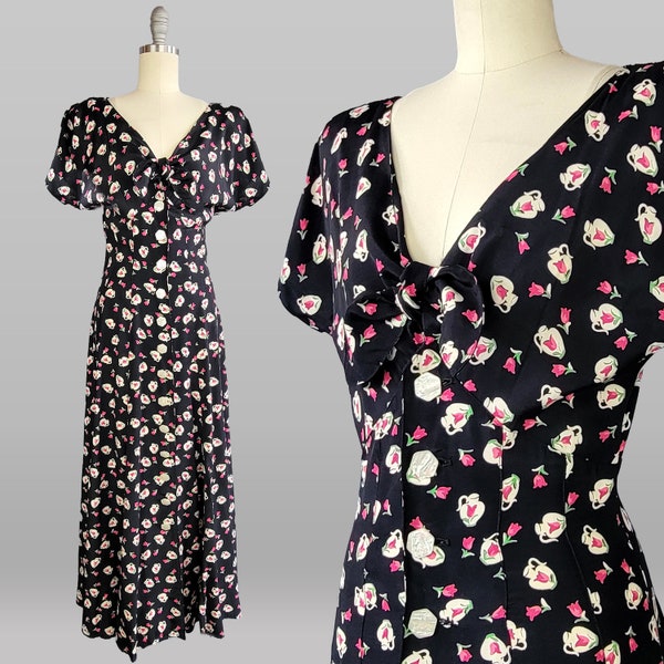 1980s Karen Alexander Dress / Novelty Print Dress / Pitchers and Tulips / Rayon Novelty Print Dress / Size Small