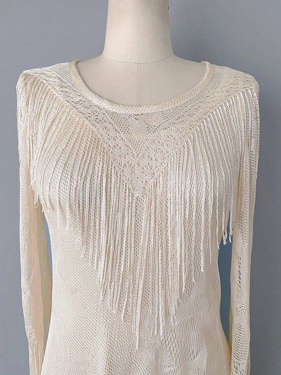 1970s Fringed Dress / Asymmetrical Ivory Slip Dre… - image 8