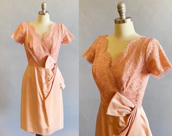 1950's Pink Cocktail Dress / DuBarry Short Formal / 50s Wiggle Dress /Pink Lace Dress / Pink Silk Dress / Size Small