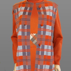 1960s Dress Set / Italian Knit / Burnt Orange Plaid Dress Set /Dress and Long Vest / 1960s Orange Dress / 1960s Plaid Dress / Size Large image 8
