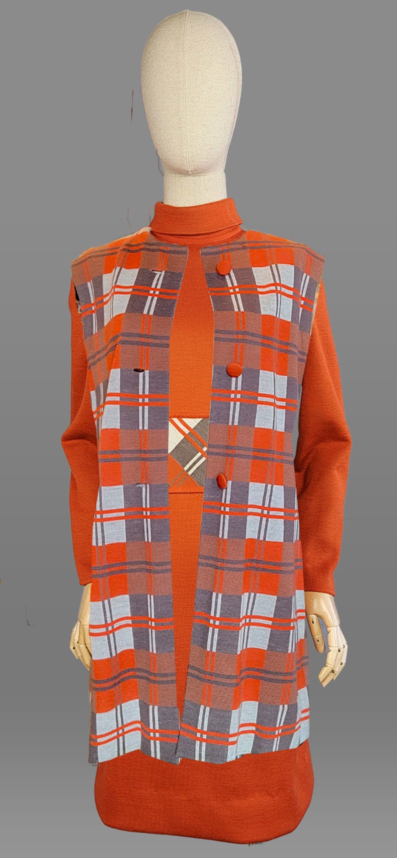 1960s Dress Set / Italian Knit / Burnt Orange Plaid Dress Set /Dress and Long Vest / 1960s Orange Dress / 1960s Plaid Dress / Size Large image 8