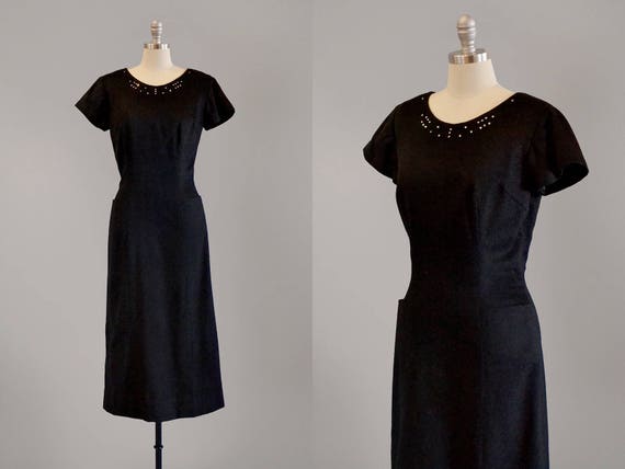 50s Dress // 1950s Black Mohair Dress w/ Rhinestone Details | Etsy