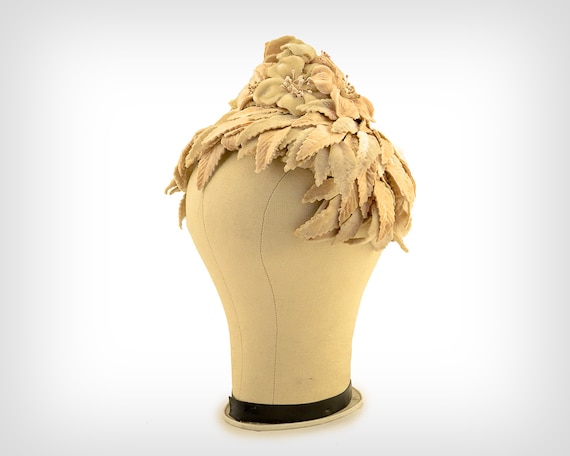50s Hat // 1950s Velvet Ivory Leaf & Flower Hat