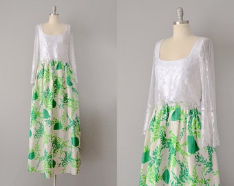 1970s Floral Maxi / Designer Dress by Richilene / Green Floral Taffeta and Lace Maxi Dress  / Size Small Extra Small
