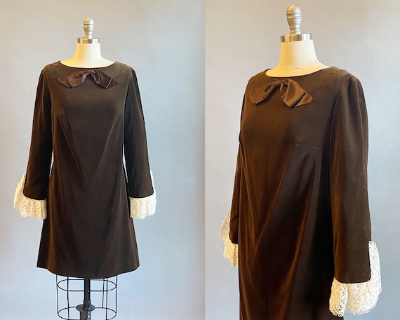 1960s Velvet Mini Dress / 60s Mod Dress / 1960s P… - image 1