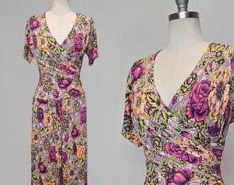 1940s Dress / 40s Rayon / 1940s Floral Dress / 1940s Rayon Dress / Size Medium