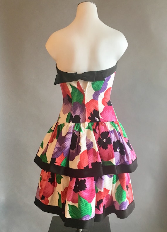 1980s Strapless Flower Print Dress / Cotton Pique… - image 3