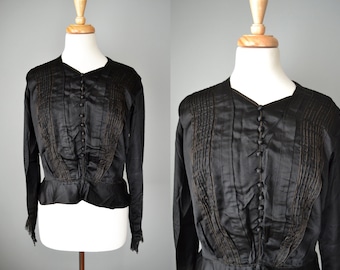 Vintage Edwardian Black Silk Blouse // Medium